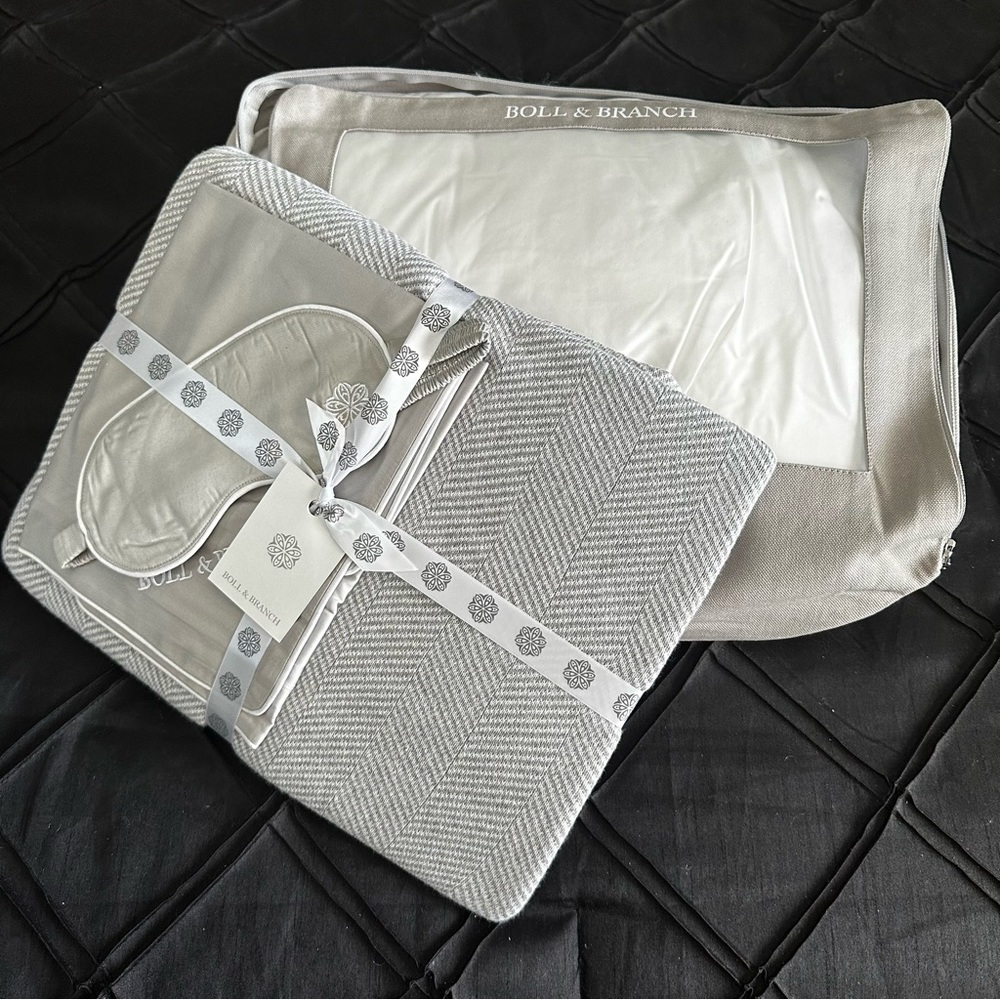 5pc Boll & Branch Organic Pillow, Case 40x50 Blanket, Eye Mask & Storage Bag